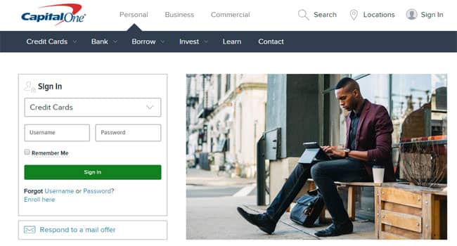Screenshot of Capital One website log in.