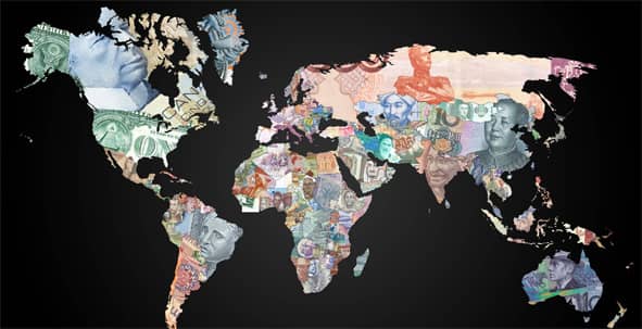 An atlas displays countries by their currency.