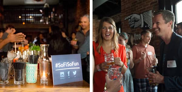 Two photos of networking events hosted by SoFi in San Francisco.