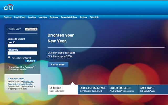 Screenshot of Citi login page