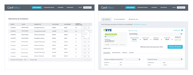 Screenshots of CardFellow's processor comparison tool