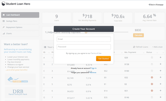 Screenshot of the Student Loan Hero dashboard