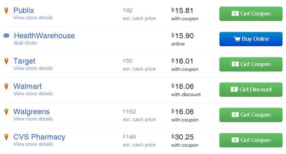 A screenshot of how GoodRX compares prescription prices for customers