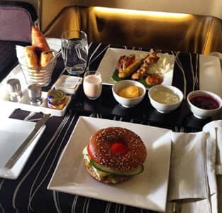 A meal Ben had on his plane trip in first-class