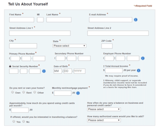 Screenshot of a credit card application
