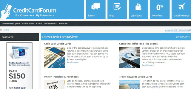 Screenshot of CreditCardForum's homepage