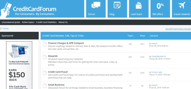 Screenshot of the forums on CreditCardForums