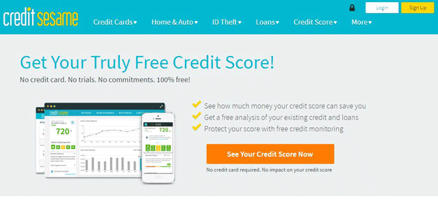 Screenshot of the Credit Sesame free credit report page