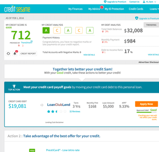 Screenshot of the Credit Sesame credit report page