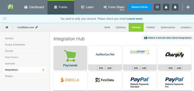 Screenshot of Formstack Payments Integration Page