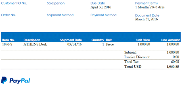 Screenshot of an embedded PayPal link on an invoice