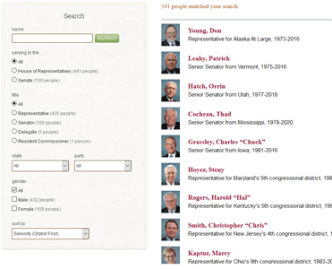 Screenshot of GovTrack Congressional Search Feature