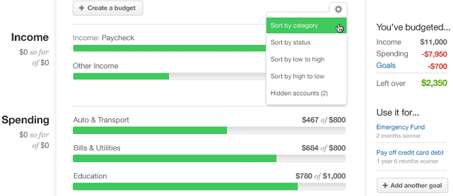 screenshot of mint budget function