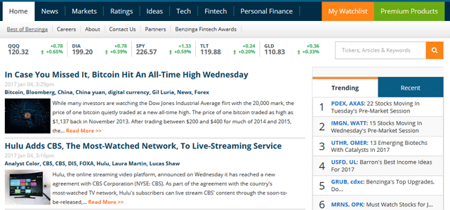 screenshot of benzinga homepage