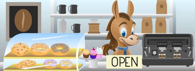 Cartoon of CreditDonkey mascot behind the counter of a small business