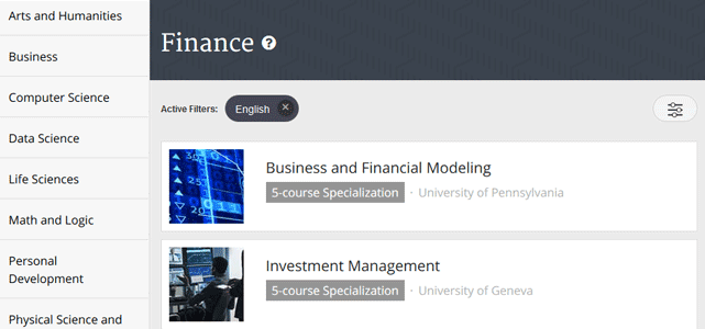 Screenshot of Coursera Finance Category