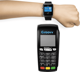 Photo of Groovv point-of-sale device accepting Apple Watch payment