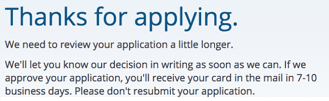 Screenshot of Pending Credit Card Application Message