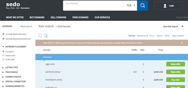 Screenshot of domains for sale on Sedo