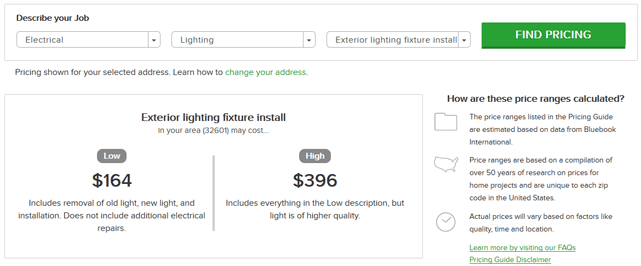 Screenshot of Pricing Guide from Angie's List