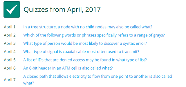 Screenshot of the quiz archive on Tech Terms from April of 2017