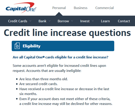 Screenshot of Capital One Credit Increase FAQ
