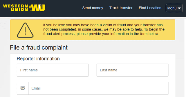 Screenshot of Western Union Fraud Report Form