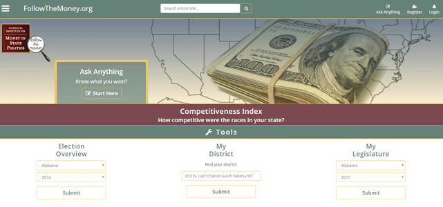 Screenshot of the FollowTheMoney.org homepage