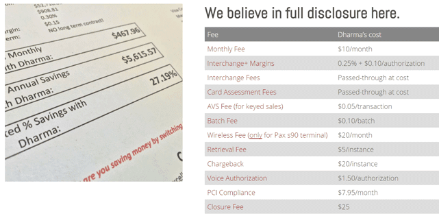 Screenshot from the Dharma Merchant Services' pricing page