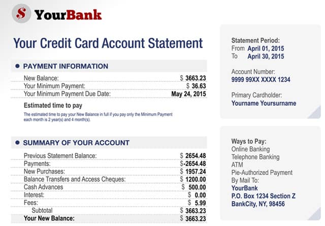 Sample Credit Card Statement Sample Credit Card Statement