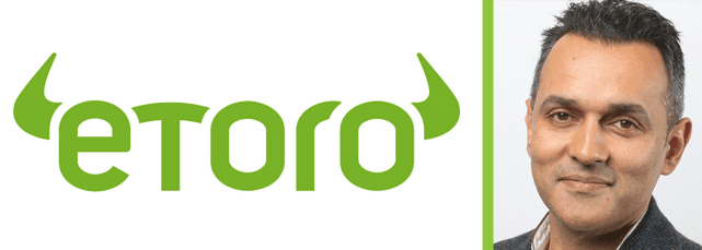 Collage of the eToro logo and eToroâs Managing Director Iqbal Gandham