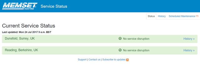 Screenshot of Memset's Service Status page