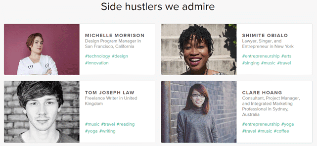 Screenshot from the about.me Side Hustlers page