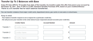 Screenshot of Credit Card Application Balance Transfer Request Form