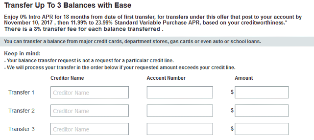 Screenshot of Credit Card Application Balance Transfer Request Form