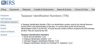 Screenshot of IRS Taxpayer ID Page