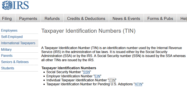 Screenshot of IRS Taxpayer ID Page