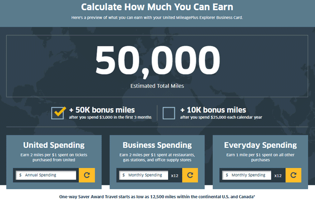 Screenshot of a rewards calculator on the United website