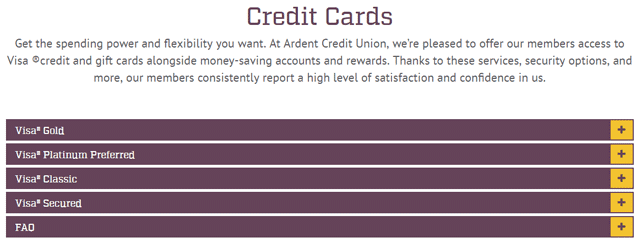Screenshot from the Ardent Credit Union Credit Cards page Screenshot from the Ardent Credit Union Credit Cards page