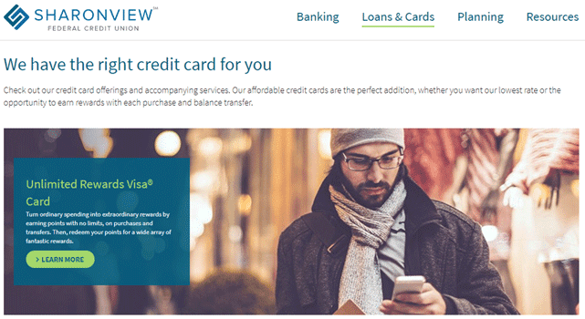 Screenshot of the Sharonview Credit Cards page Screenshot of the Sharonview Credit Cards page