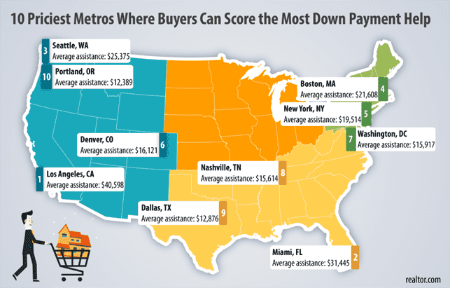 A Map Showing the Priciest Metro Areas Where Buyers Can Get the Most Down Payment Assistance