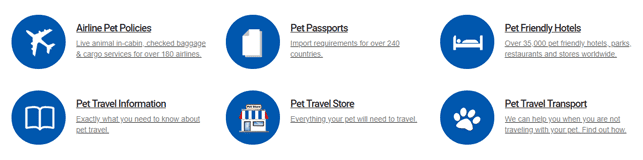 Screenshot of Pet Travel categories