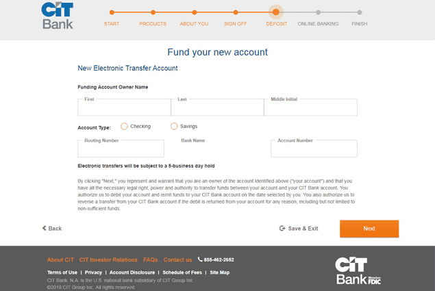 A Screenshot Showing the Online Application Process for a CIT Bank Account