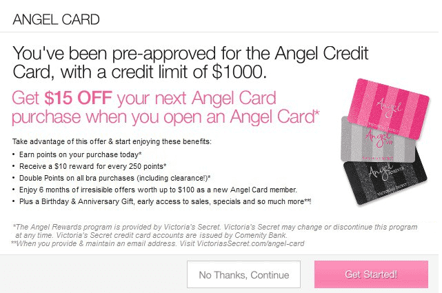 Screenshot von Victorias Secret Kreditkarte Pop-Up-Angebot