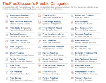 Screen Grab of TheFreeSite.com's Freebie Categories Screen Grab of TheFreeSite.com's Freebie Categories