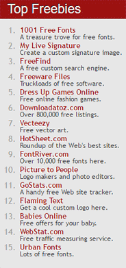 Screen grab of the Top Freebies on TheFreeSite.com
