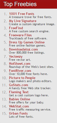 Screen grab of the Top Freebies on TheFreeSite.com Screen grab of the Top Freebies on TheFreeSite.com
