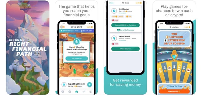 Screenshots of the Long Game Savings app on a mobile device