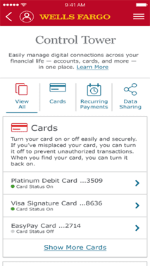Screenshot of Wells Fargo Mobile App Card On/Off Screenshot of Wells Fargo Mobile App Card On/Off
