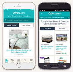 Screenshot of the Offers.com app on iPhone and Android Screenshot of the Offers.com app on iPhone and Android